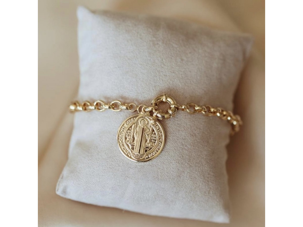 Pulseira Medalha São Bento Elo Português Banho de Ouro 18k.