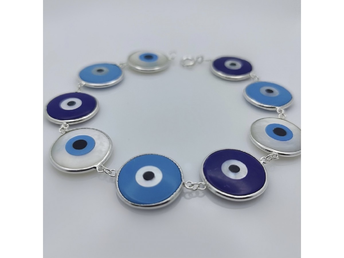 Pulseira Olho Grego Tons de Azul Madrepérola Luxo Prata 925.