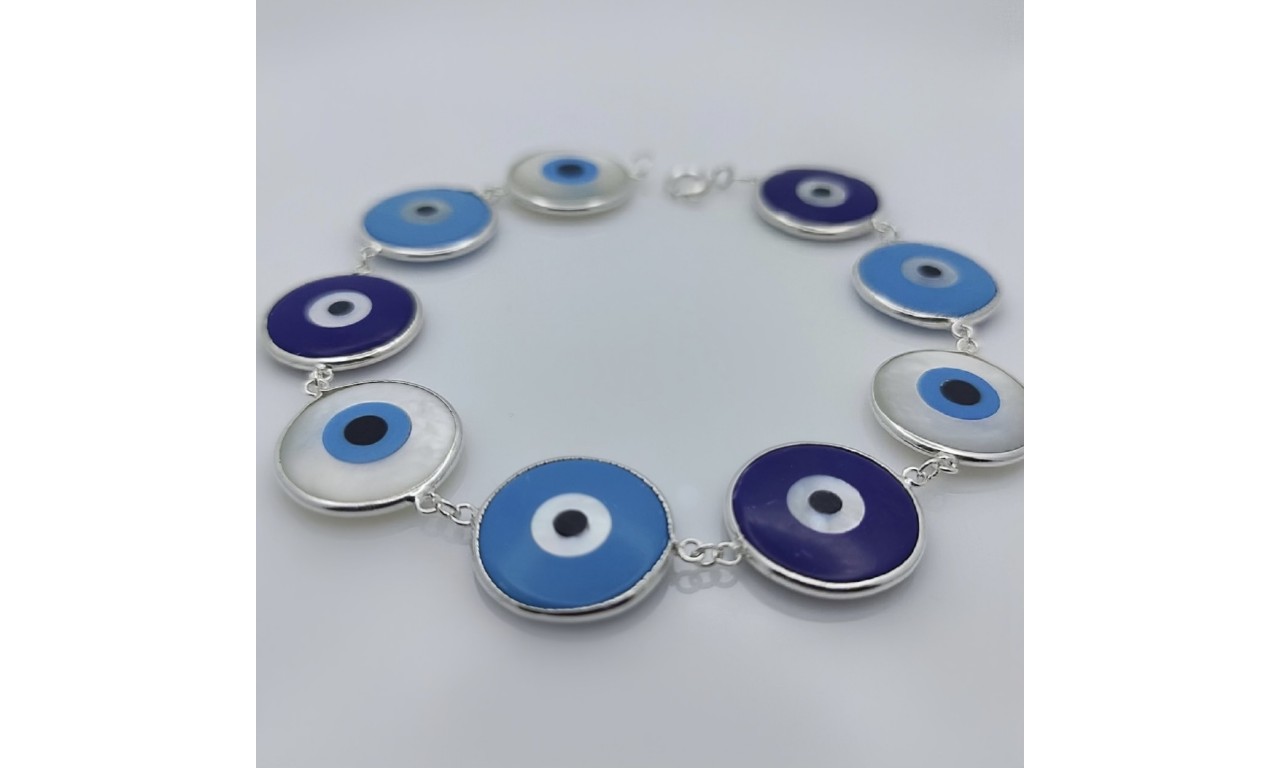 Pulseira Olho Grego Tons de Azul Madrepérola Luxo Prata 925.