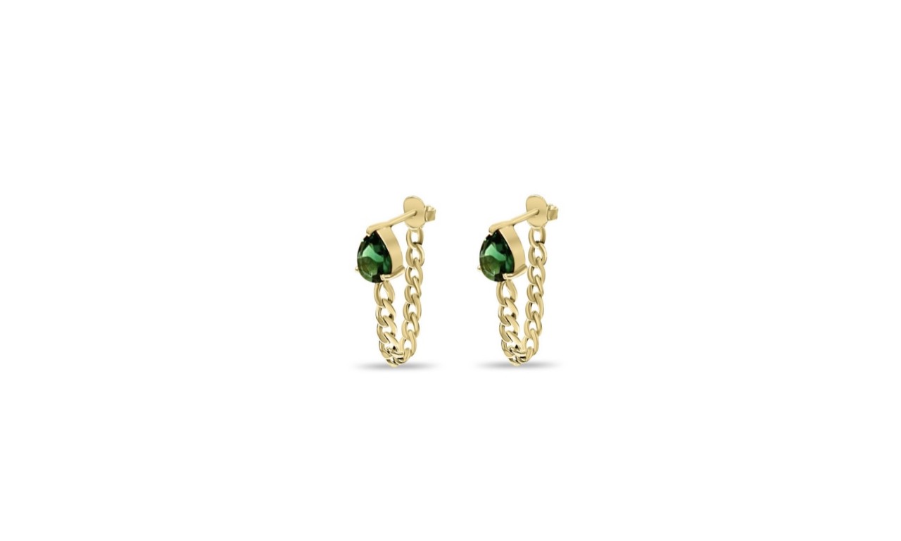 Brinco Gota Esmeralda Corrente Banho de Ouro 18k.