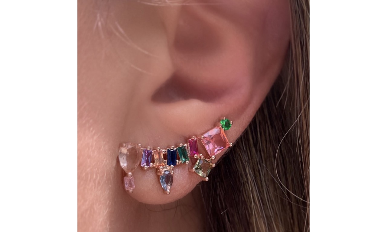 Brinco Ear Cuff Cristais Coloridos.