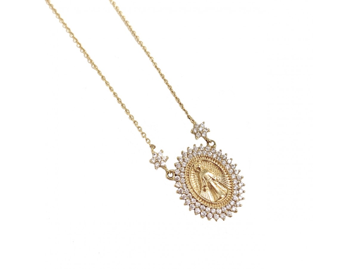Colar Medalha Nossa Senhora das Graças Prata 925 Banho de Ouro 18k.