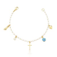 Pulseira Amuleto Pérolas Banho de Ouro 18k.