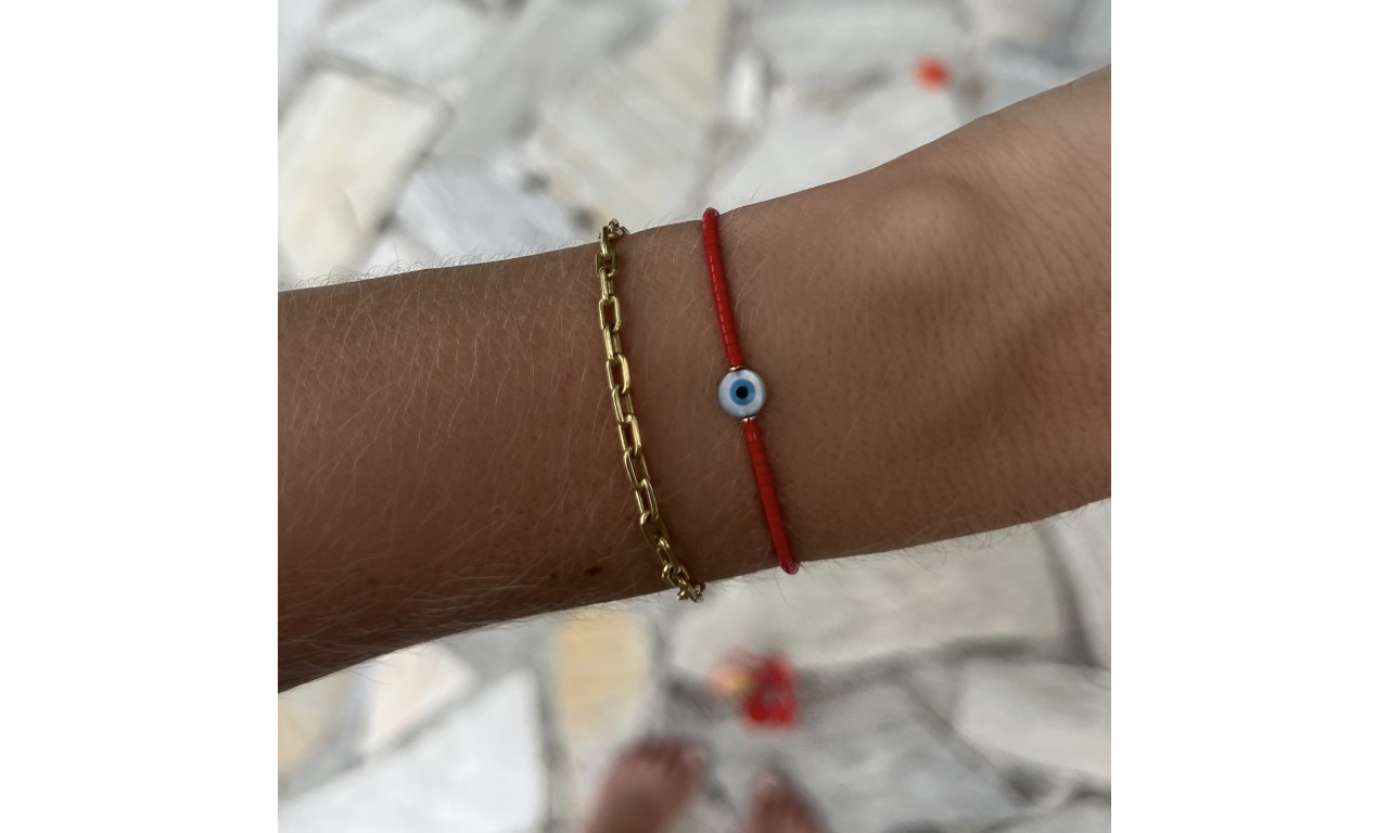 Pulseira Olho Grego Artesanal Banho de Ouro 18k.