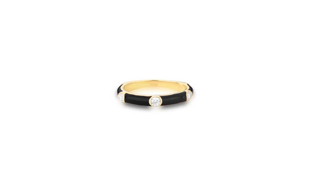 Anel Esmaltado Preto Pontos de Luz Banho de Ouro 18k.