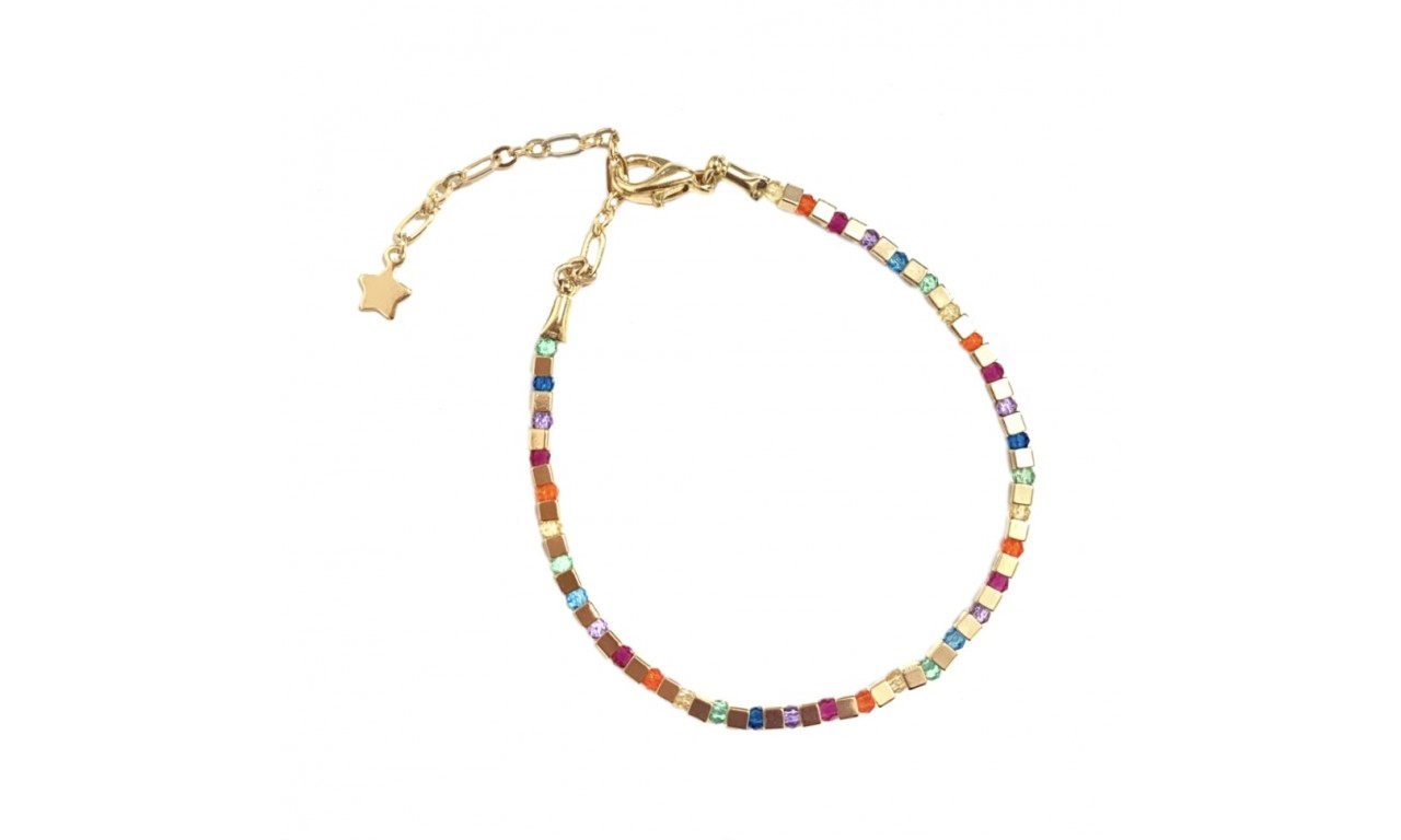 Pulseira Cristais Étnica Rainbow Banho de Ouro18k.