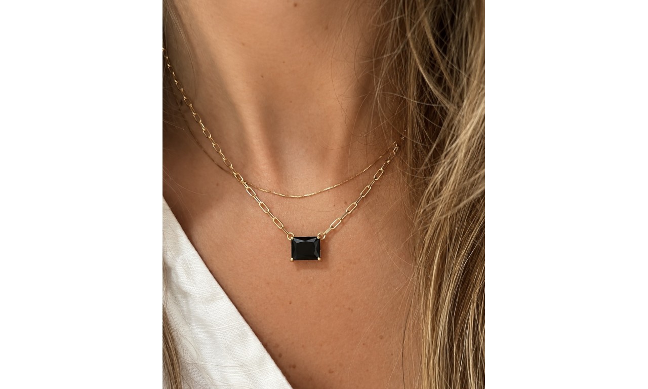 Colar Corrente Zircônia Negra Banho de Ouro 18k. Colar Corrente Zircônia Negra Banho de Ouro 18k.