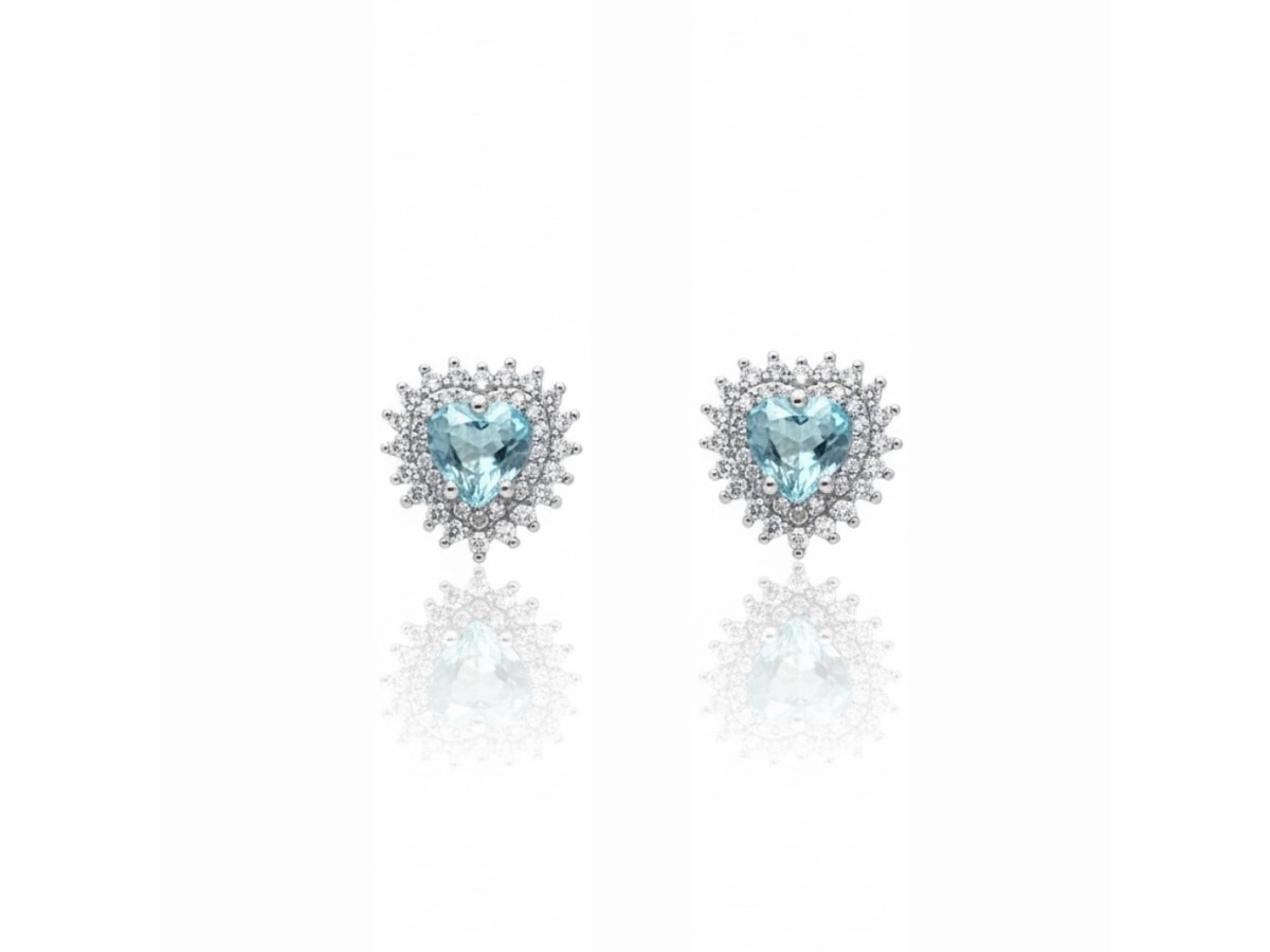 Brinco Coração Agua Marinha Ródio Branco.