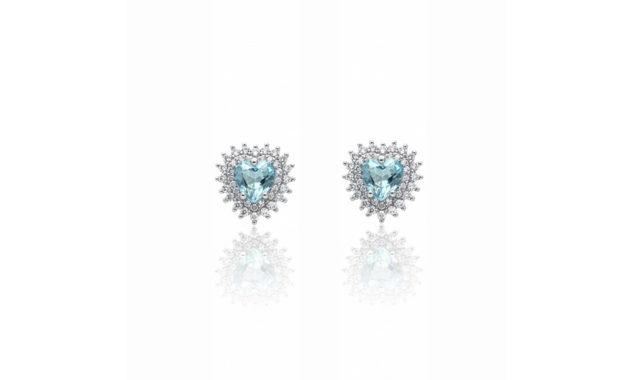 Brinco Coração Agua Marinha Ródio Branco.