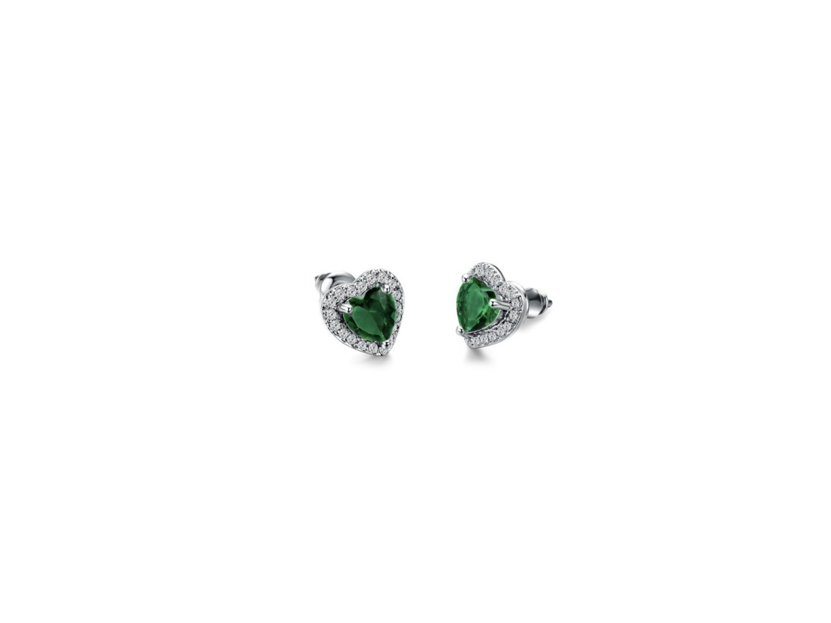 Brinco Coração Esmeralda Ródio Branco.