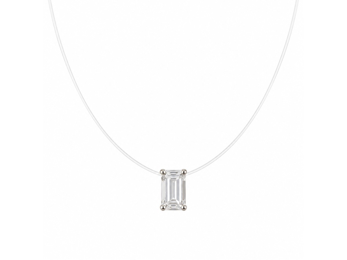 Colar Baguete Cristal Fio de Nylon Ródio Branco.