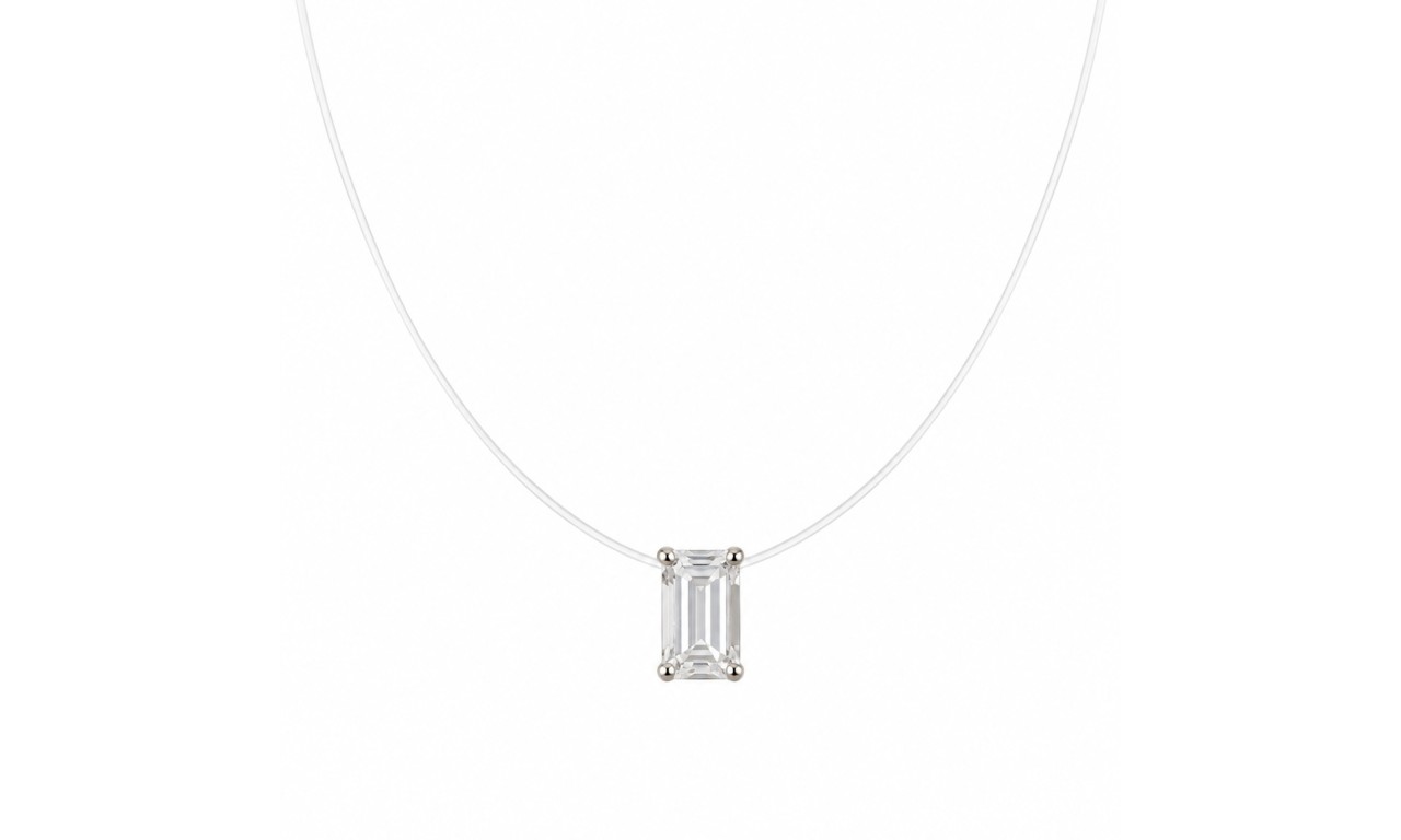 Colar Baguete Cristal Fio de Nylon Ródio Branco.