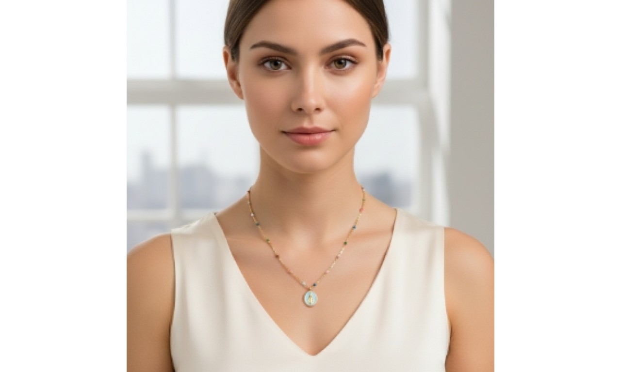 Colar Medalha Nossa Senhora Colors Banho de Ouro 18k.