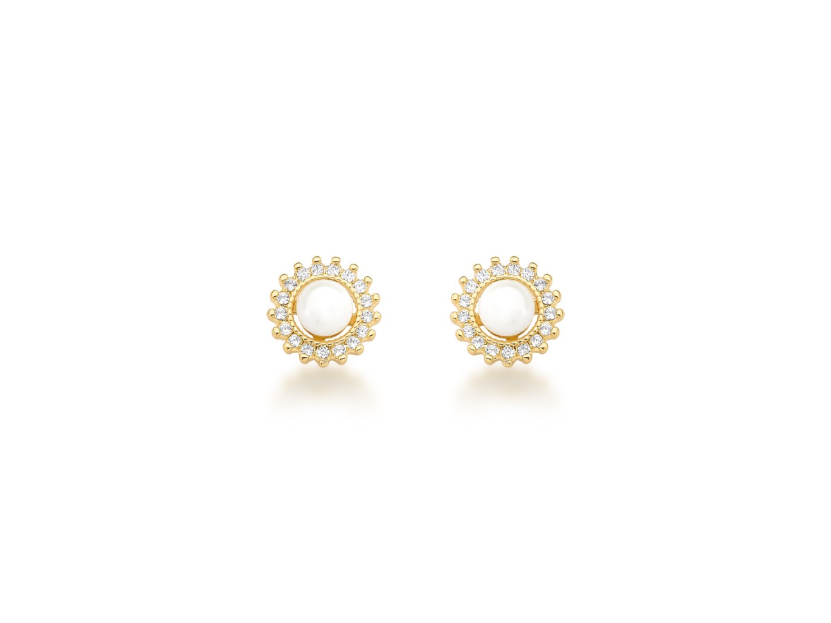 Brinco Pérola Shell Cravejado Banho de Ouro 18k.