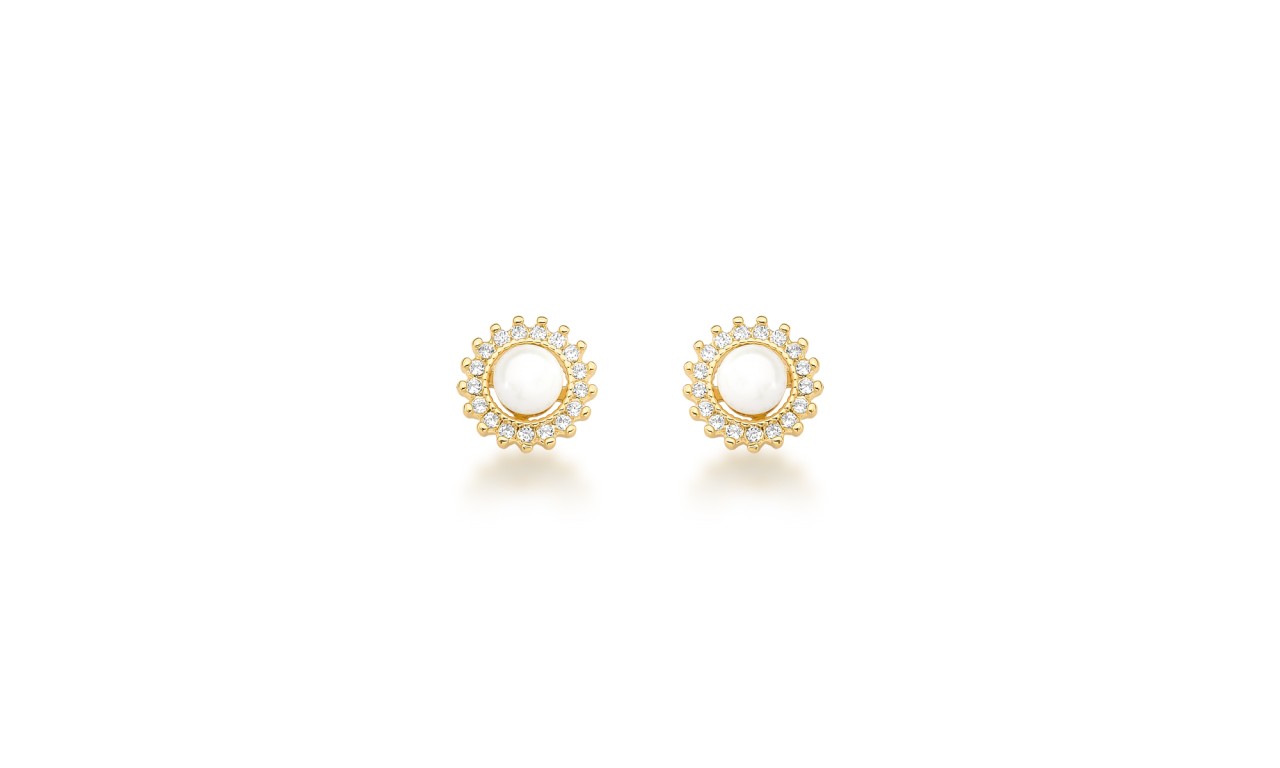 Brinco Pérola Shell Cravejado Banho de Ouro 18k.