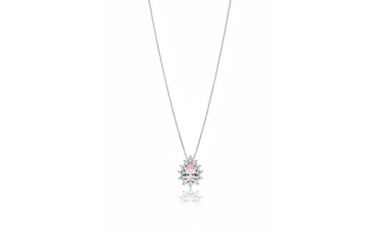 Colar Gota Quartzo Rosa Ródio Branco.