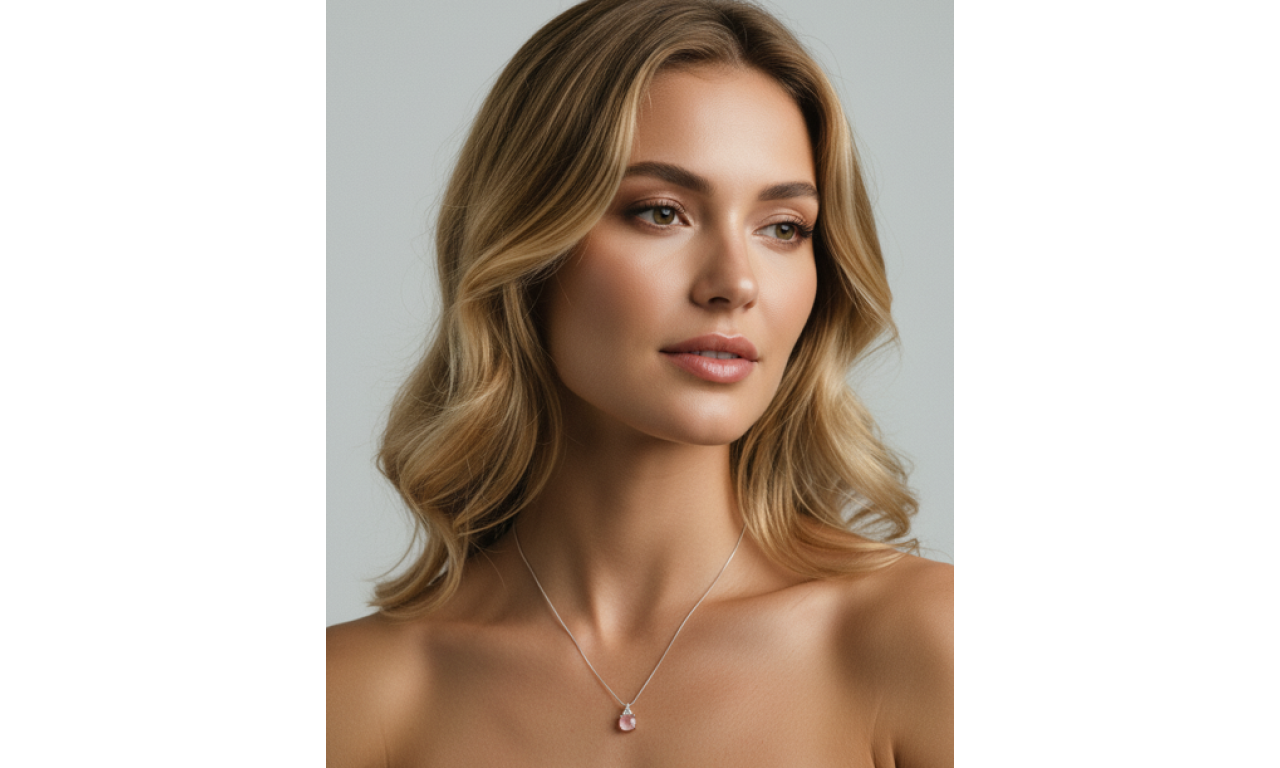 Colar Oval Quartzo Rosa com Triangulo Cristal Ródio Branco.