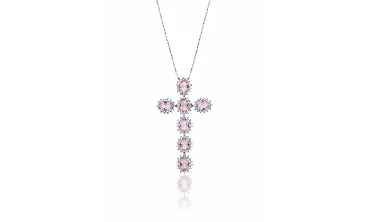 Colar Crucifixo Quartzo Rosa Luxo Rodio Branco