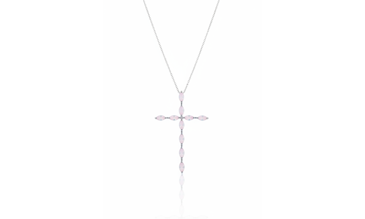 Colar Crucifixo Quartzo Rosa Rodio Branco