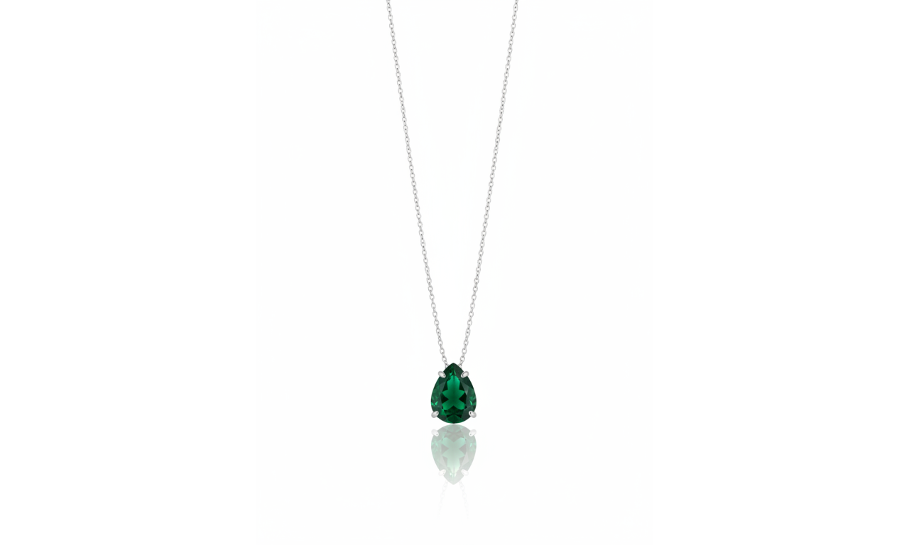 Colar Gota Esmeralda Cravação na Lateral Rodio Branco