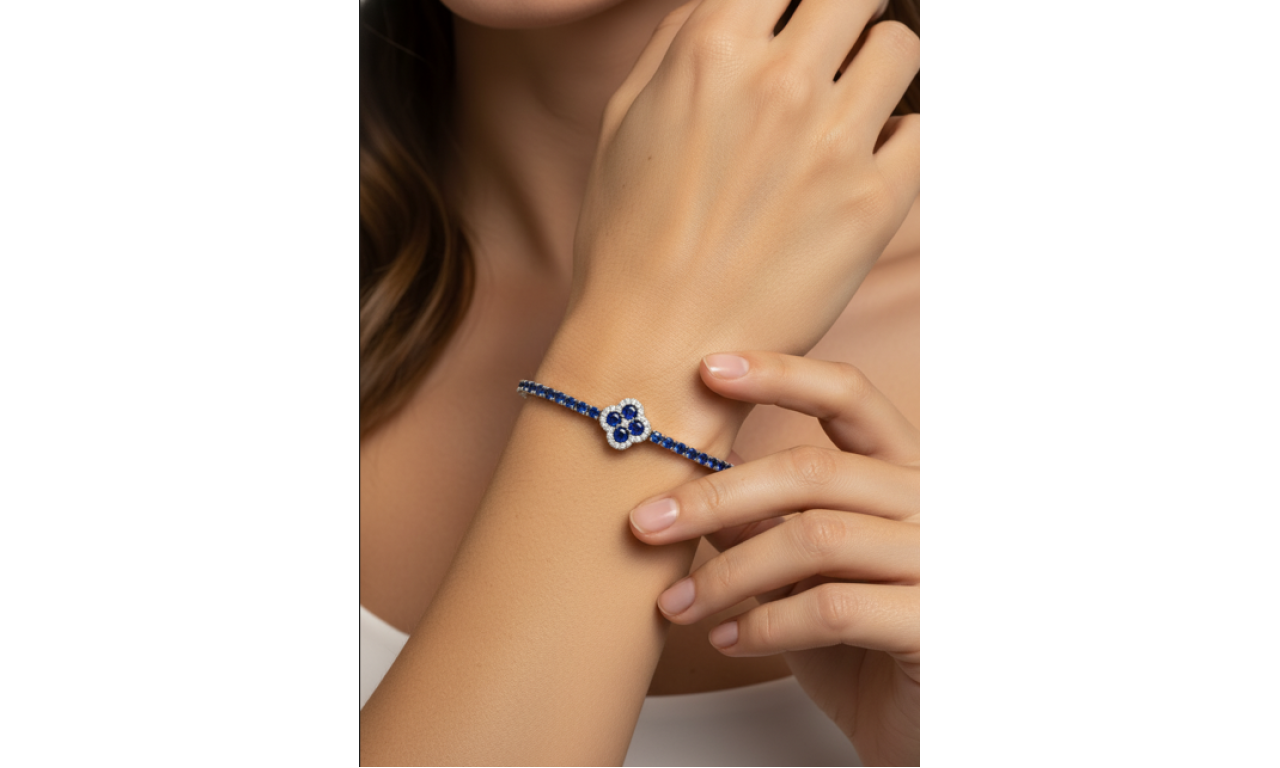 Pulseira Tennis Trevo Cravejada Safira Ródio Branco