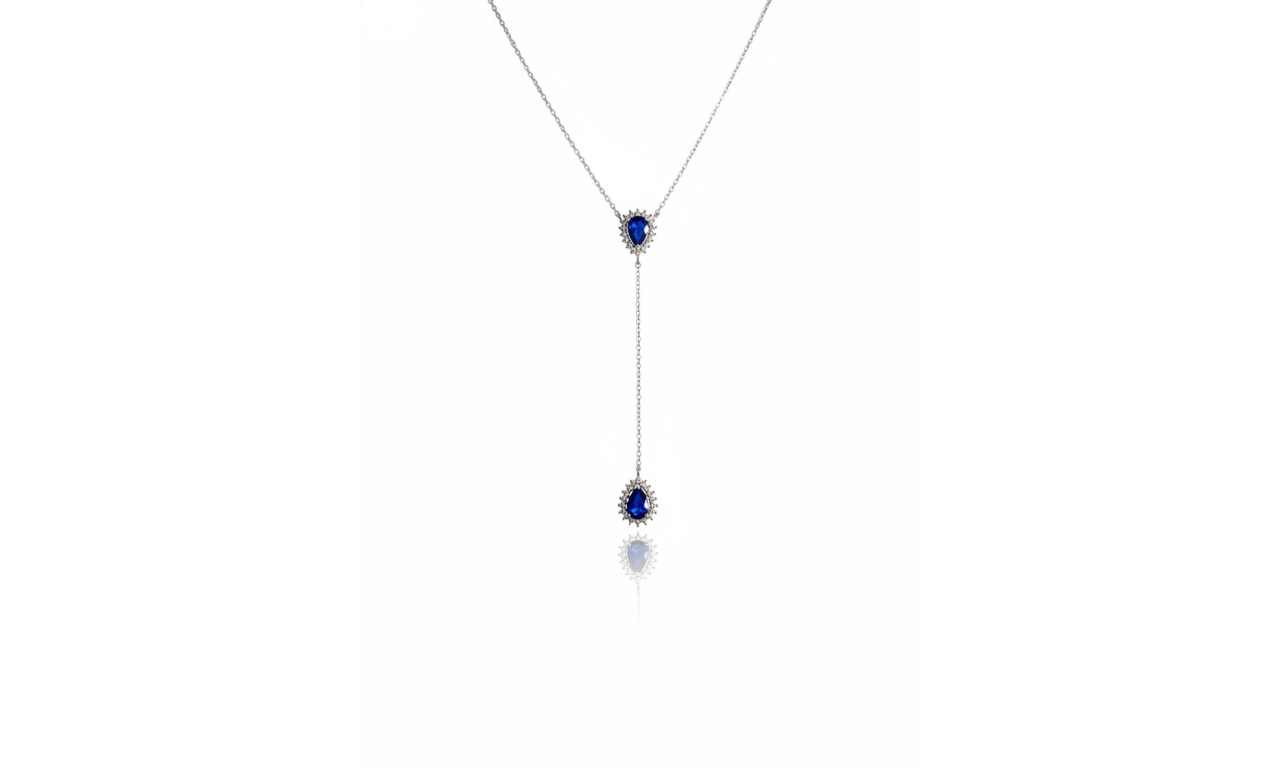 Colar Gravata Gota Safira Cravejado Ródio Branco