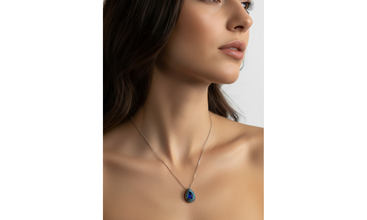 Colar Gota Duplo Halo Cravejado Azul Safira e Turquesa Banho de Ródio Branco