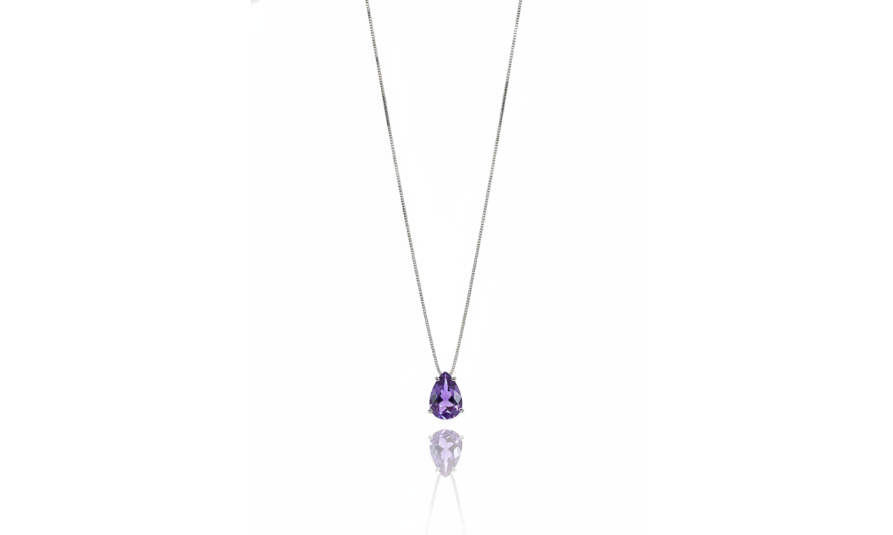 Colar Gota Zircônia Roxa Banho de Ródio Branco