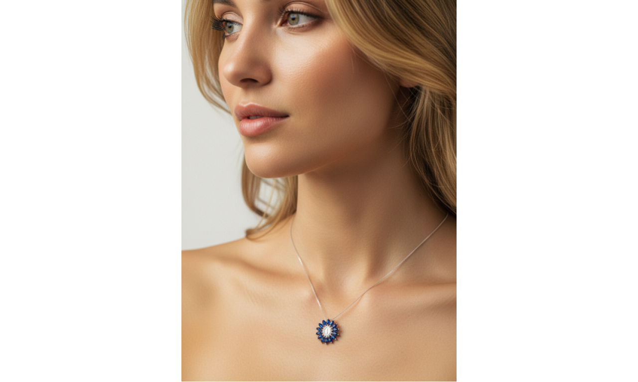 Colar Medalha Nossa Senhora Cravejada Zircônias Azuis Ródio Branco