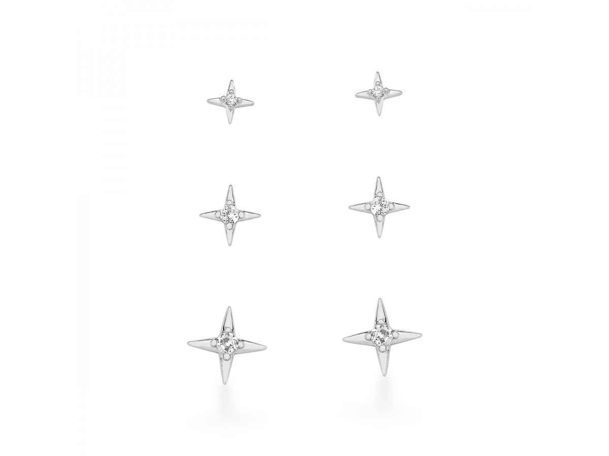 Brinco Kit Mini Estrelas Ródio Branco.