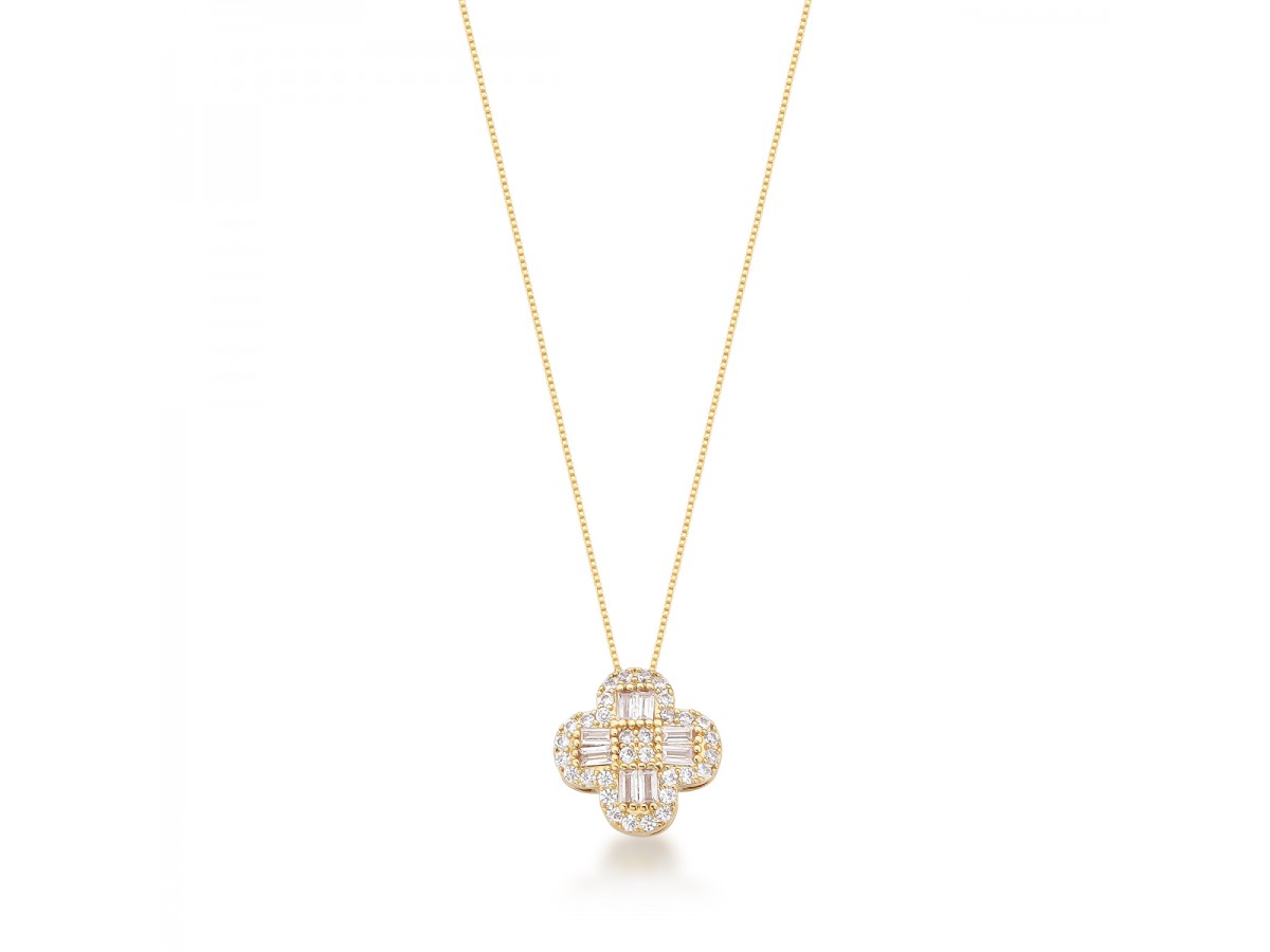 Colar Trevo Baguetado Banho de Ouro 18k.