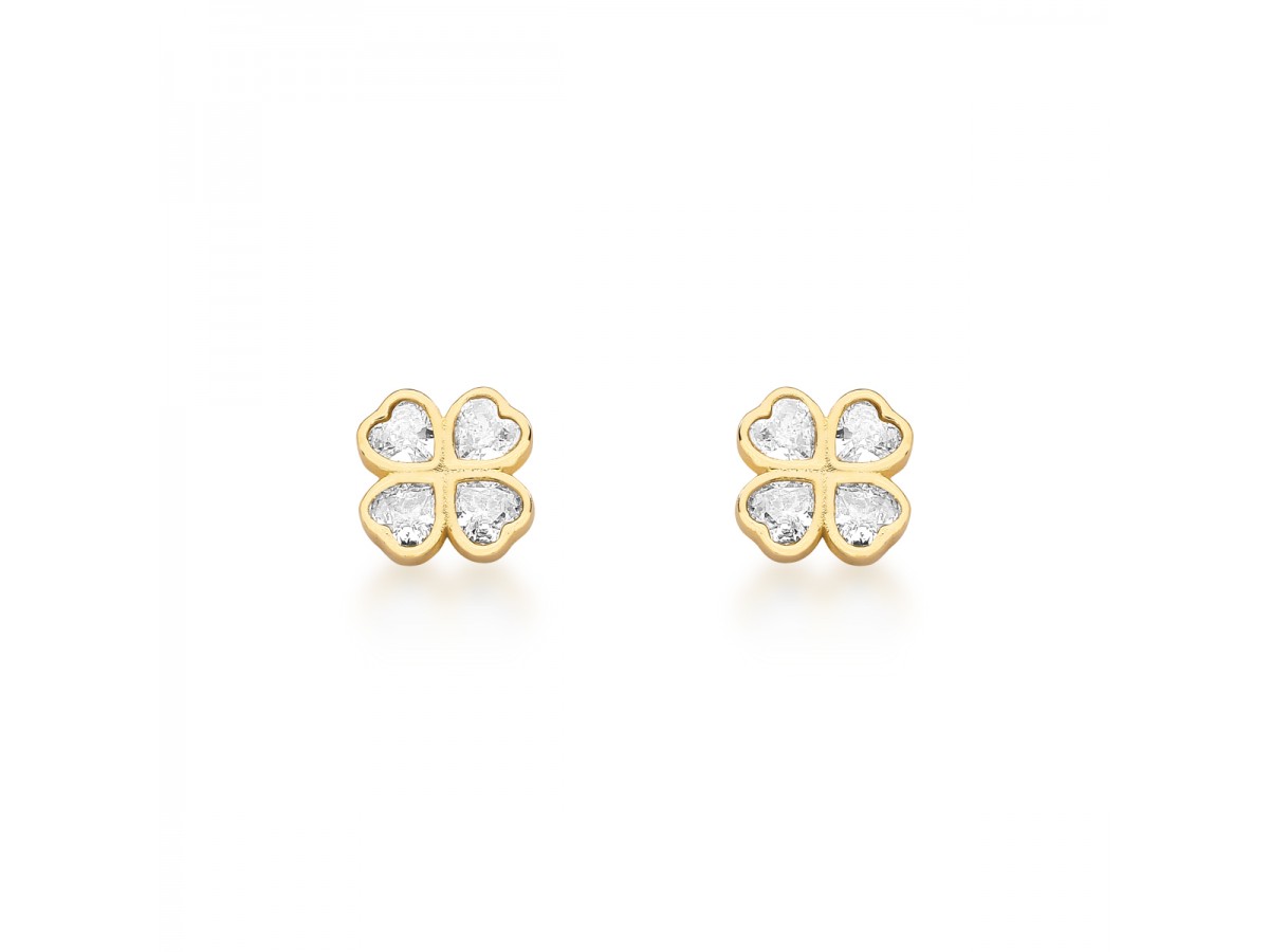 Brinco Trevo Cristal Banho de Ouro 18k.