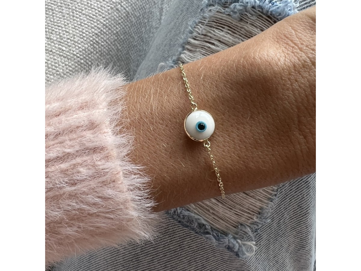 Pulseira Olho Grego Branca Banho de Ouro 18k.