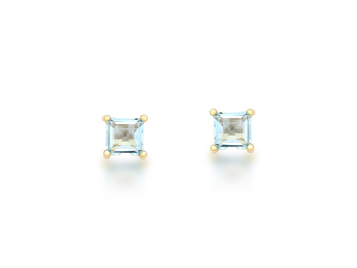 Brinco Quadradinho Água Marinha Banho de Ouro 18k.