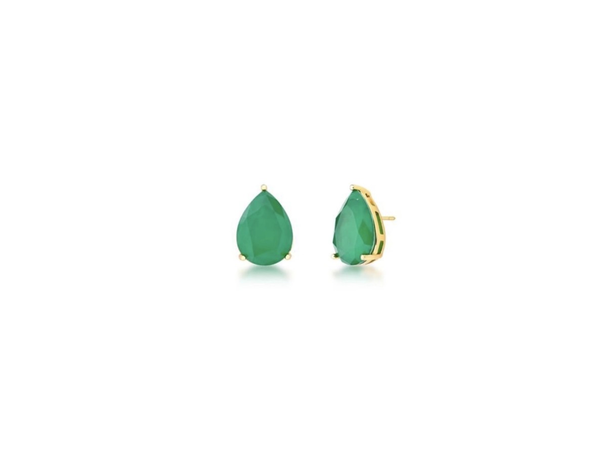 Brinco Gota Esmeralda Banho de Ouro 18k.