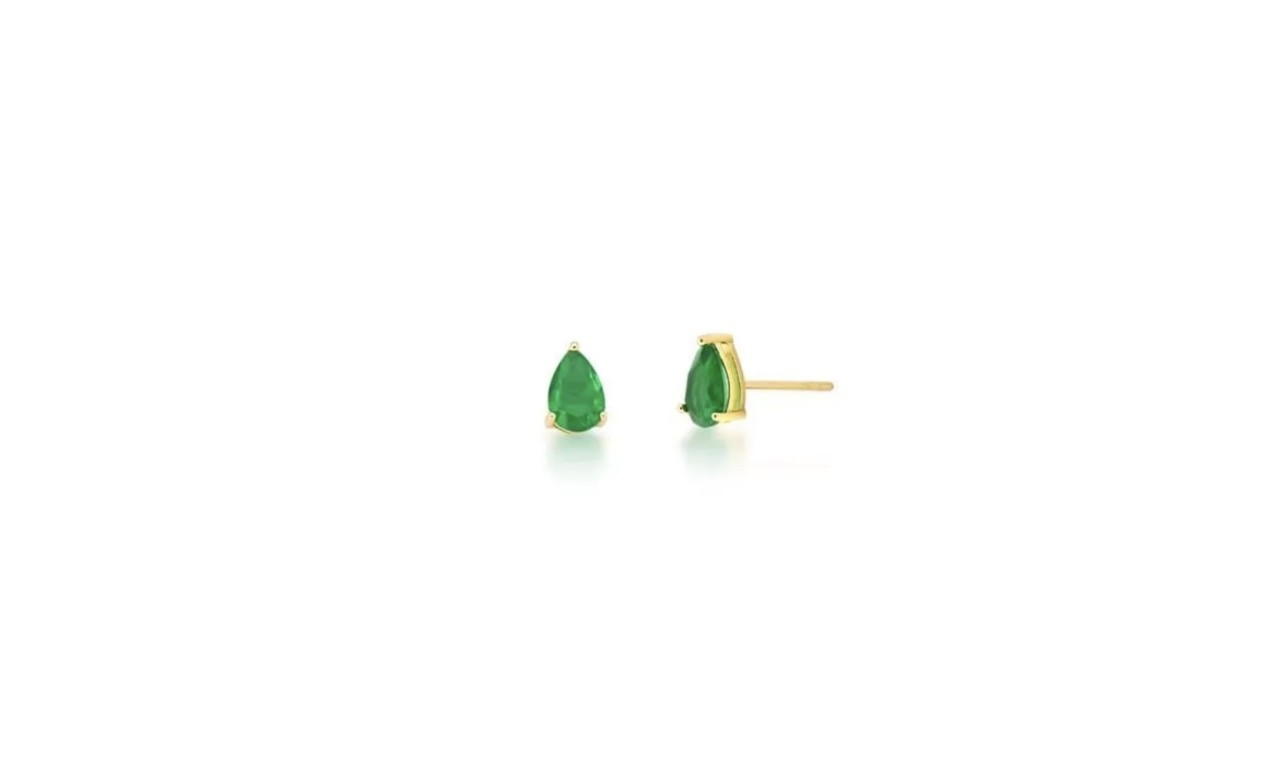 Brinco Mini Gota Esmeralda Banho de Ouro 18k.