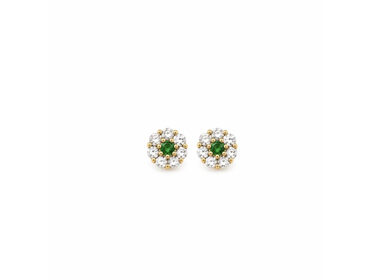 Brinco Mini Flor Esmeralda Banho de Ouro 18k.