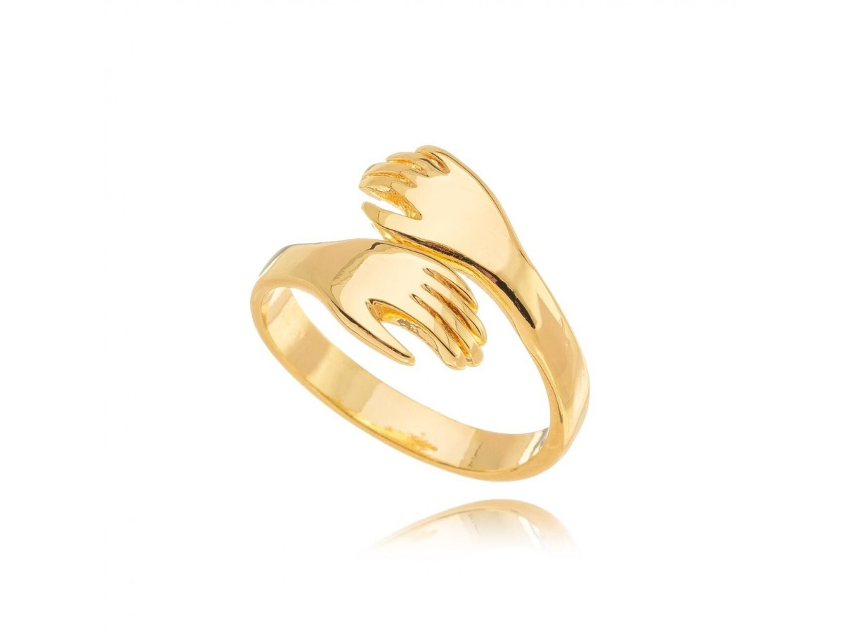 Anel Mão Abraço Banho de Ouro 18k.