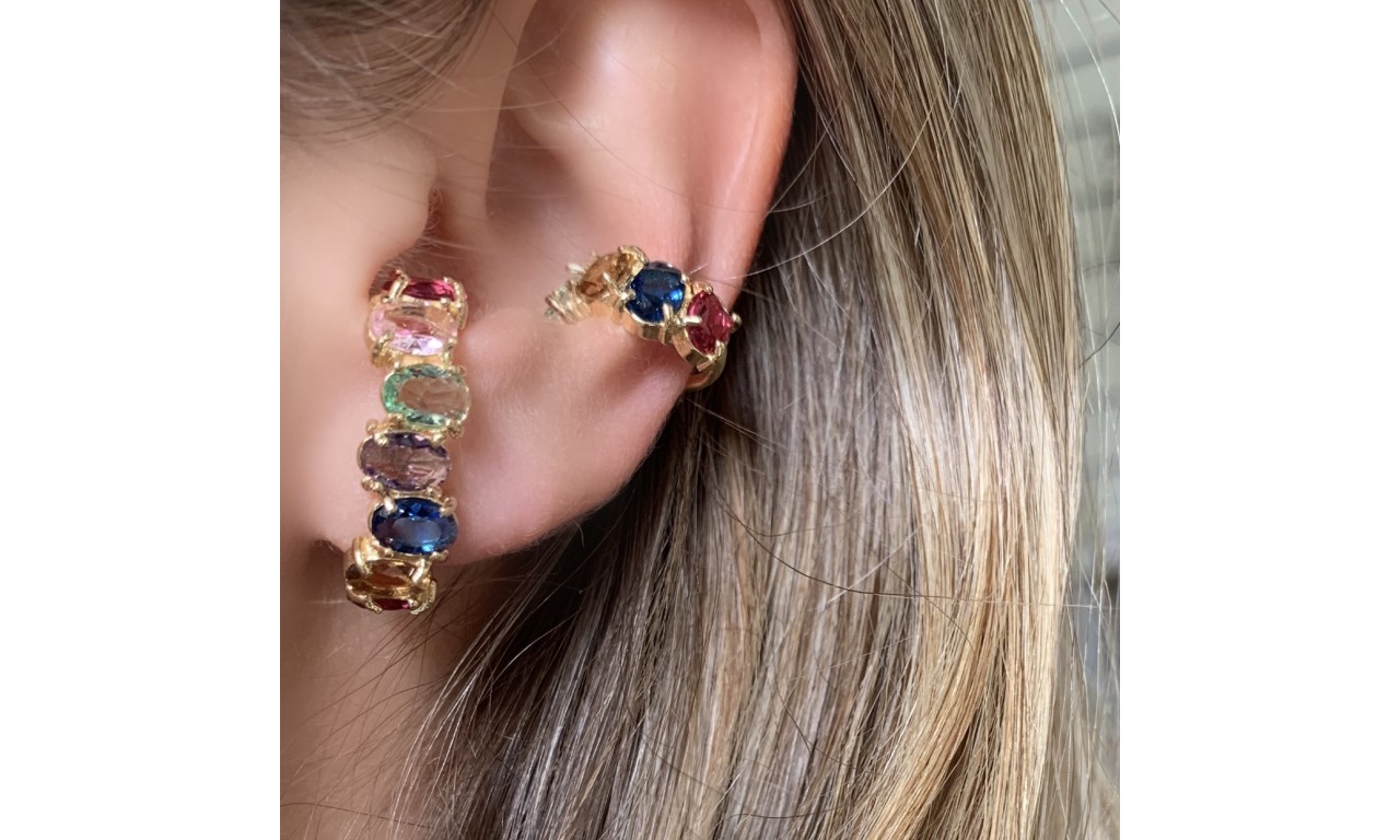 Brinco Ear Hook + Piercing Fake Colors Banho de Ouro 18k