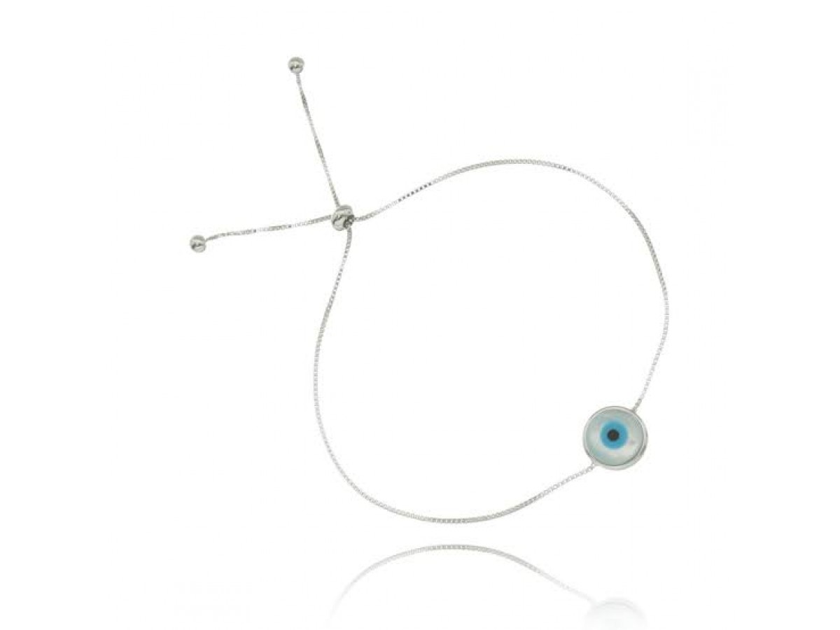 Pulseira Olho Grego Ajustável Ródio Branco.