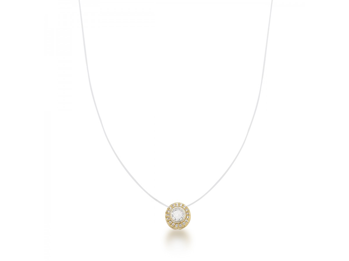 Colar Ponto de Luz Cravejado Fio de Nylon Banho de Ouro 18k.