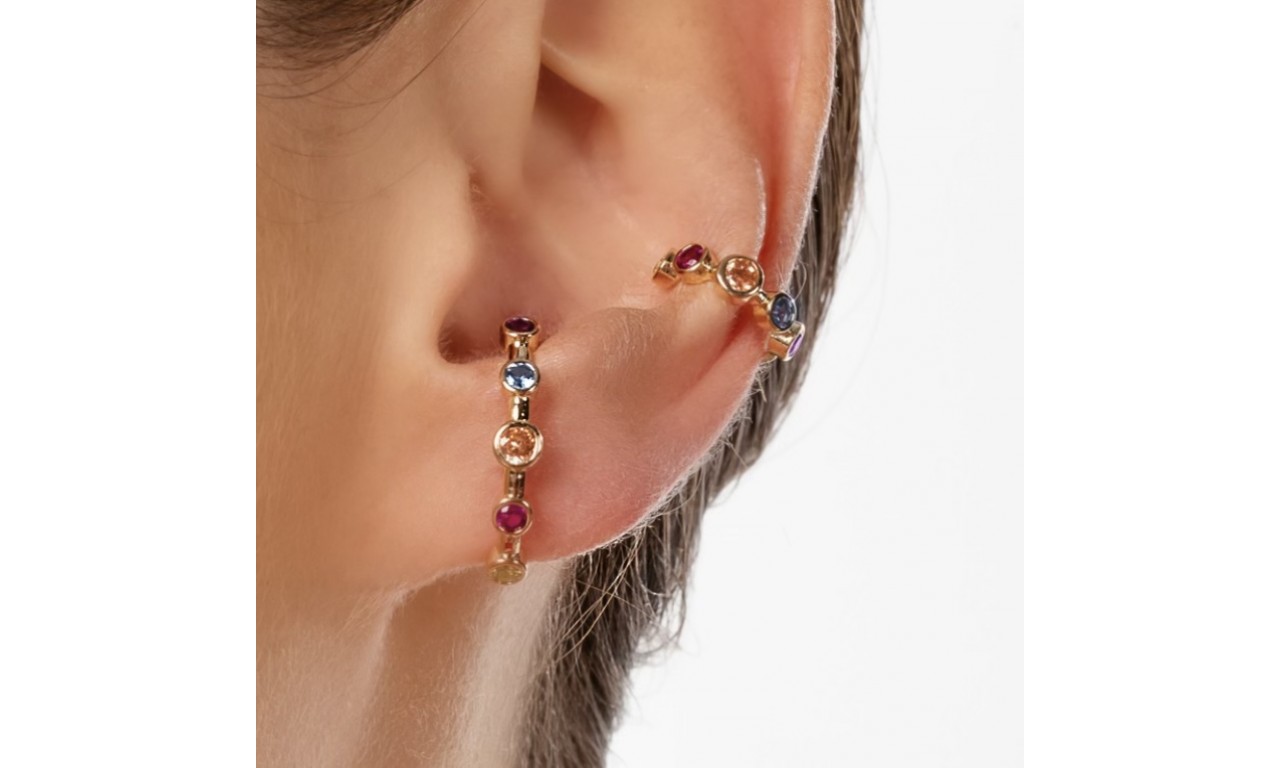 Brinco Ear Hook + Piercing Fake Colors Banho de Ouro 18k.