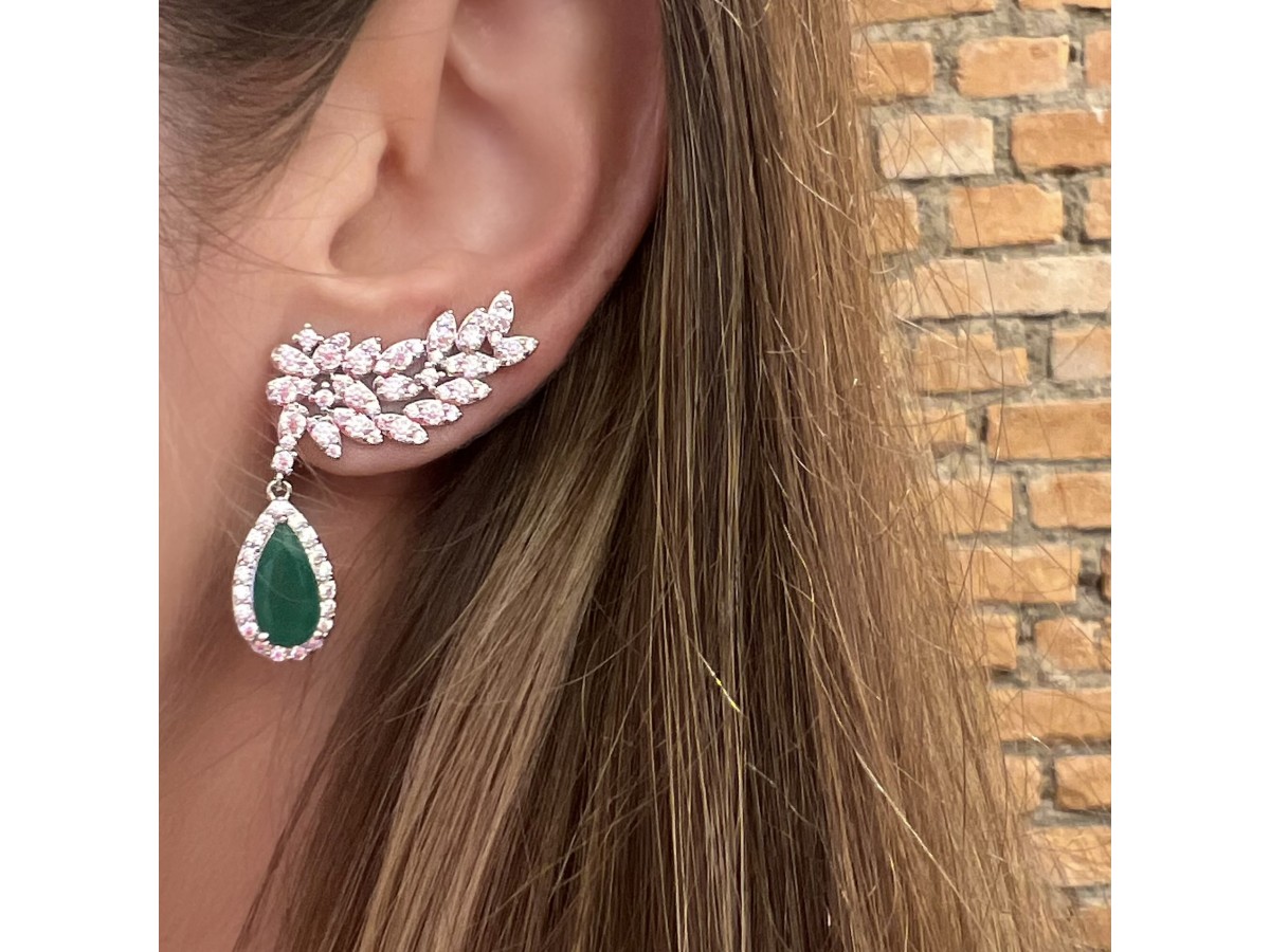 Brinco Ear Cuff Asa Gota Esmeralda Ródio Branco.