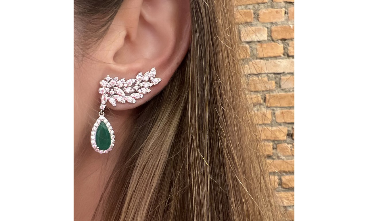 Brinco Ear Cuff Asa Gota Esmeralda Ródio Branco.