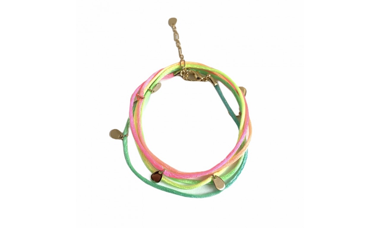 Pulseira Fio de Seda Rainbow Gotinhas Banho de Ouro 18k.