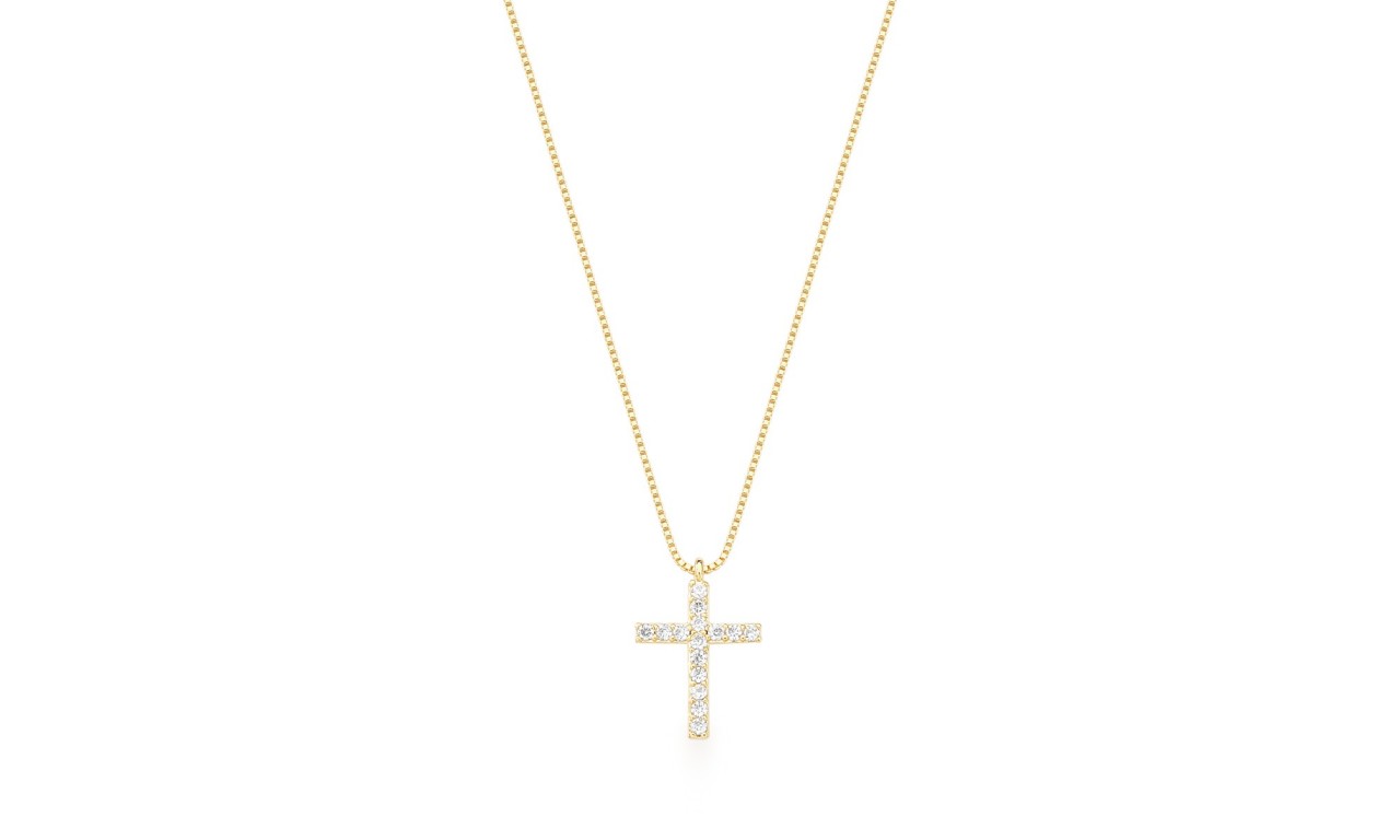 Colar Crucifixo Cravejado Banho de Ouro 18k.