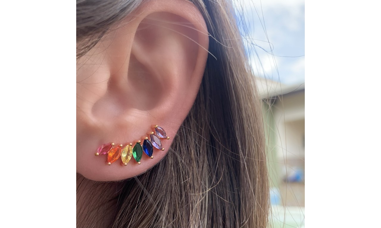 Brinco Ear Cuff Rainbow Navete Banho de Ouro18k.