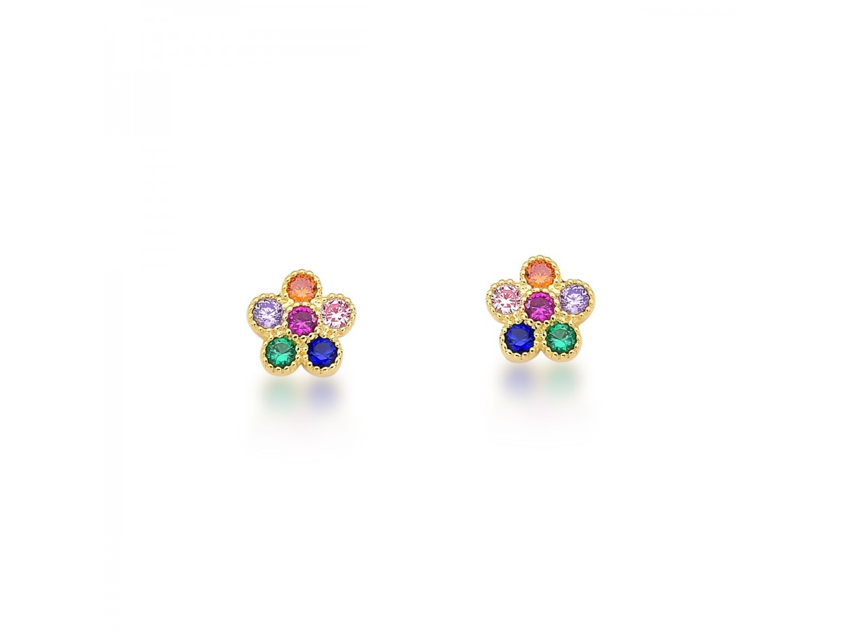Brinco Mini Flor Colorida Banho de Ouro 18k.