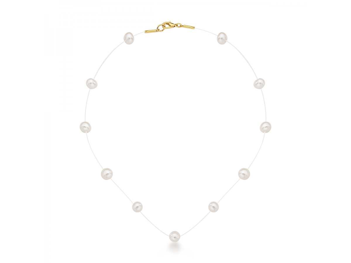 Colar Pérolas Naturais Fio de Nylon Banho de Ouro 18k.