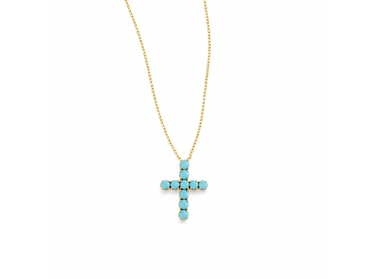 Colar Crucifixo Turquesa Banho de Ouro 18k.